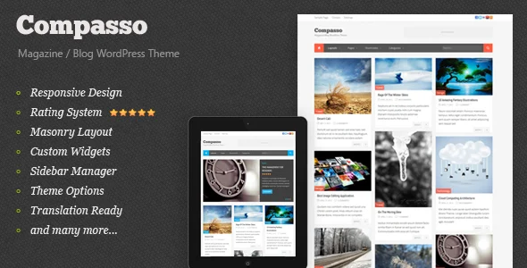 Compasso - Masonry Magazine Theme WordPress theme homepage layout for a blog magazine website