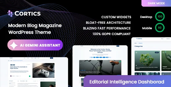 Cortics - Modern Thematic Blog & Magazine WordPress Theme WordPress theme homepage layout for a ai magazine website