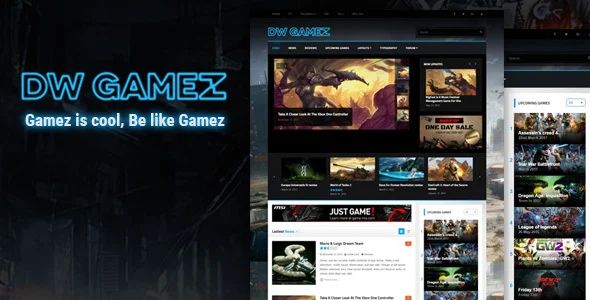 DW Gamez - Responsive WordPress Gaming Theme WordPress theme homepage layout for a clan magazine website