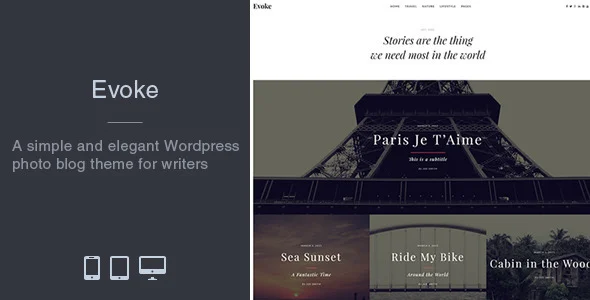 Evoke - Photo Travel WordPress Theme WordPress theme homepage layout for a blog magazine website