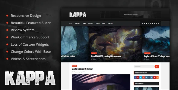 Kappa - A Gaming WordPress Theme WordPress theme homepage layout for a blog magazine website