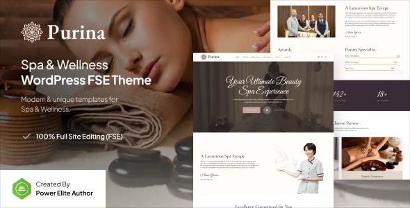 Purina – Spa & Wellness Gutenverse FSE WordPress Block Theme WordPress theme homepage layout for a beauty magazine website