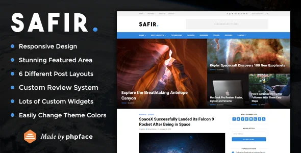 Safir - A WordPress Blog Theme WordPress theme homepage layout for a blog magazine website