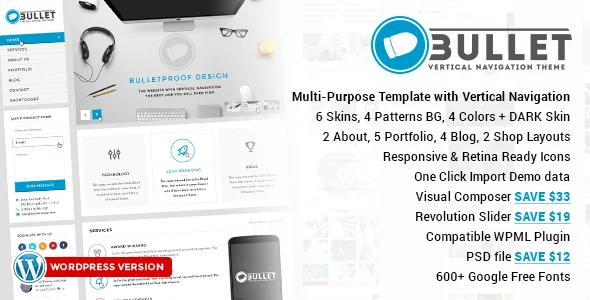 Bullet - Multipurpose Vertical Menu WP Theme WordPress theme homepage layout for a blog corporate website