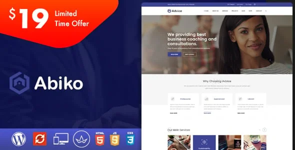 Abiko - Business Consulting WordPress Theme — homepage layout