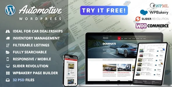 Automotive Car Dealership Business WordPress Theme — homepage layout