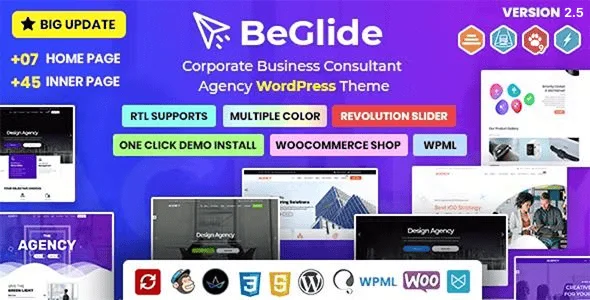 BeGlide: Corporate Business Consultant Agency WordPress Theme — homepage layout