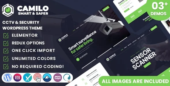 Camilo - CCTV & Security WordPress Theme — homepage layout