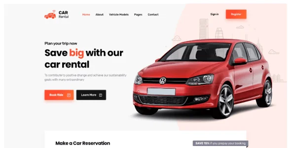 Car Rental WordPress Theme Landing Page — blog and article listing