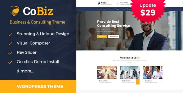 Cobiz -Business Consulting and Professional Services WordPress Theme — homepage layout
