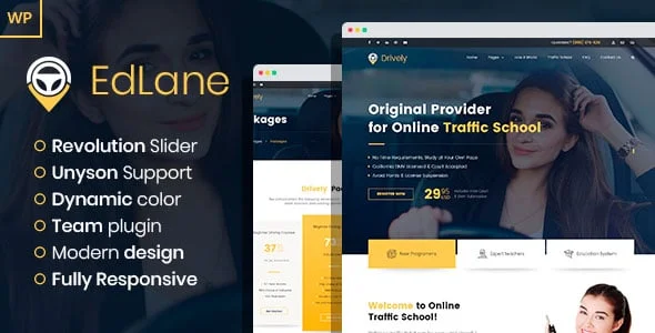 EdLane - Driving School WordPress theme — homepage layout