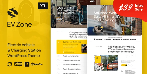 EVZone – Electric Vehicle & EV Charging Station WordPress Theme WordPress theme homepage layout for a car evacuation business website