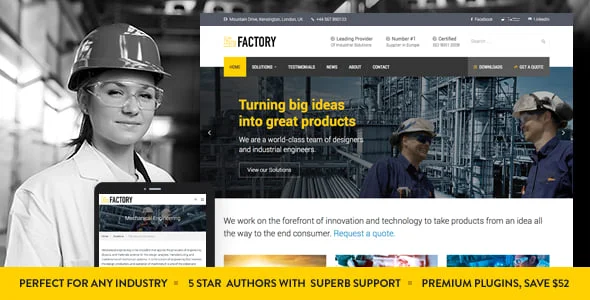 Factory - Industrial Business WordPress Theme — homepage layout