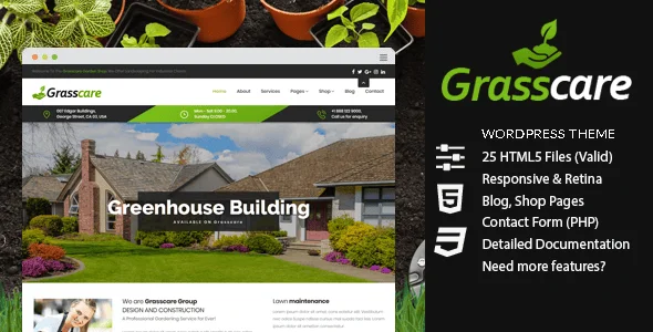 GrassCare - Gardening & Lawn Responsive WordPress Theme — homepage layout