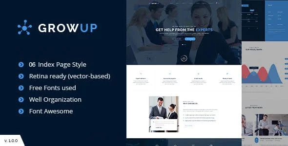 GrowUp Business & Financial WordPress Theme — homepage layout