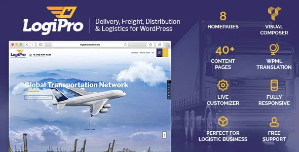 LogiPro - Delivery, Freight, Distribution & Logistics for WordPress — homepage layout