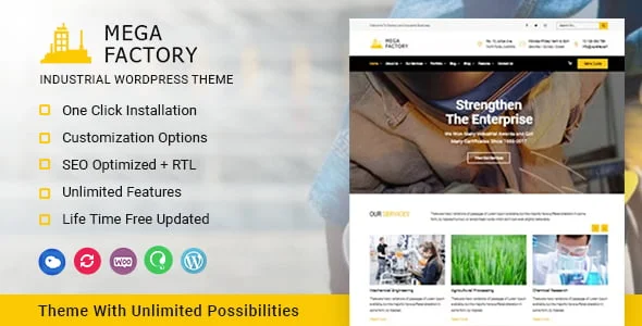 Mega Factory - Industrial WordPress Theme — homepage layout
