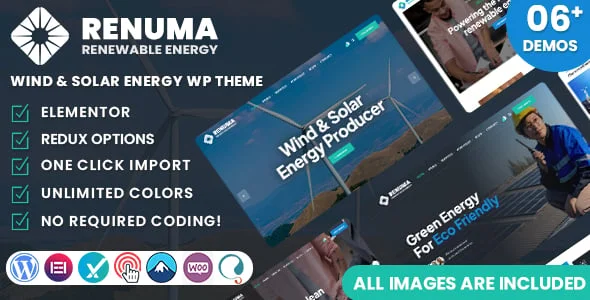 Renuma - Wind & Solar Energy WordPress Theme — homepage layout