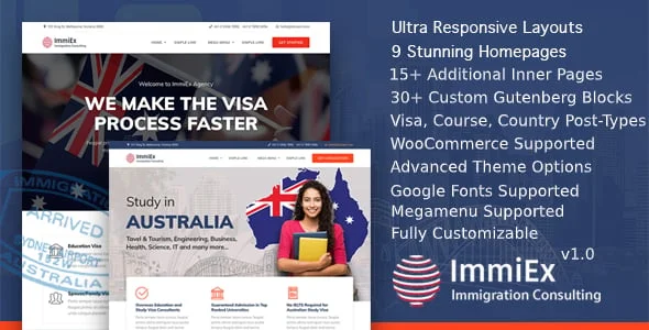 Sale! Immigration law, Visa services support, Migration Agent Consulting WordPress Business Theme — homepage layout