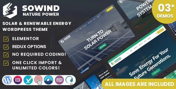 Sowind - Solar & Renewable Energy WordPress Theme — homepage layout