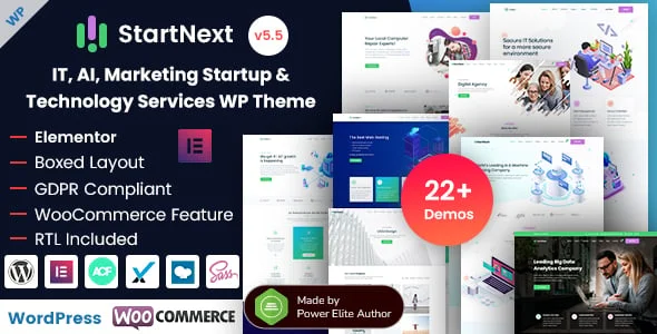 StartNext - IT, AI, Marketing Startup & Technology Services WordPress Theme — homepage layout