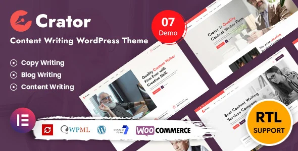 Crator - Content Writer & Copywriting WordPress Theme WordPress theme homepage layout for a author corporate website