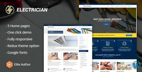 Electrician - Electrical And Repair Service WordPress Theme WordPress theme homepage layout for a air condition corporate website