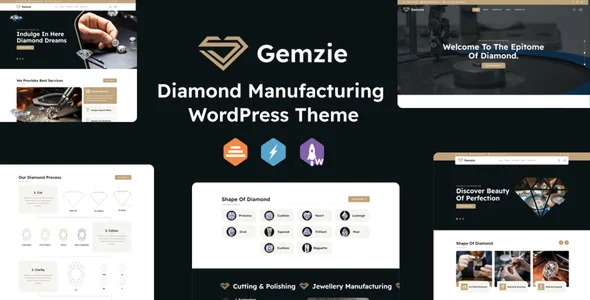 Gemzie - Diamond Manufacturing WordPress Theme WordPress theme homepage layout for a diamond certification corporate website