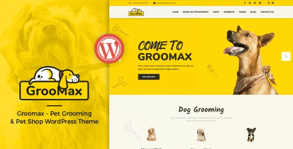 Groomax - Pet Grooming & Shop WordPress Theme WordPress theme homepage layout for a adoption corporate website