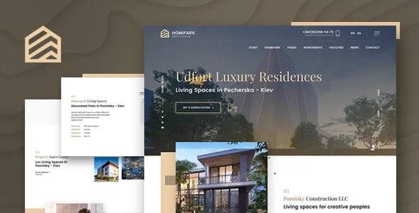 Hompark | Real Estate & Luxury Homes Theme WordPress theme homepage layout for a apartment corporate website