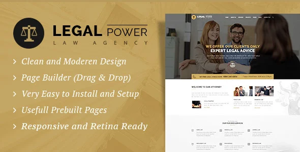 Legal Power - Lawyer Attorney WordPress Theme WordPress theme homepage layout for a advocate corporate website