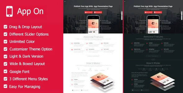 App on - Landing Pages WordPress Theme — homepage layout