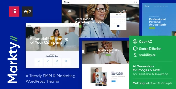 Markty | SMM & Marketing WordPress Theme WordPress theme homepage layout for a advisor corporate website