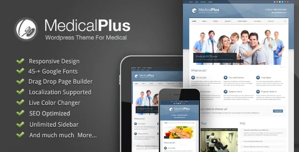 Medical Plus - Doctor / Health WordPress Theme WordPress theme homepage layout for a care corporate website