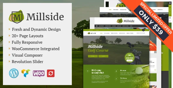 Millside - Golf and Sport WordPress theme WordPress theme homepage layout for a courses corporate website