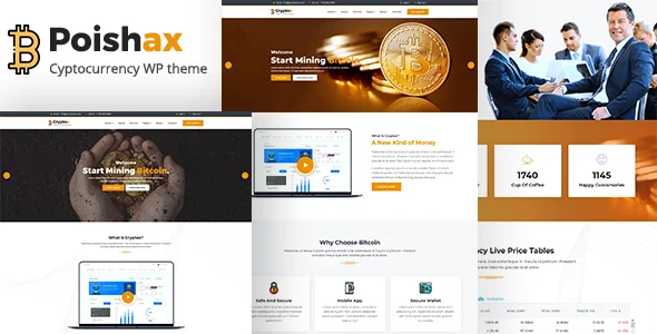 Poishax - Digital Cryptocurrency WordPress Theme WordPress theme homepage layout for a bitcoin corporate website