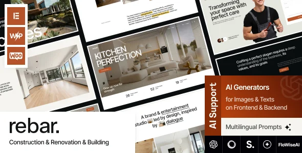 Rebar - Construction & Renovation & Building WordPress Theme WordPress theme homepage layout for a architecture corporate website