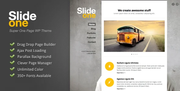 Slide One - One Page Parallax, Ajax WordPress WordPress theme homepage layout for a ajax corporate website