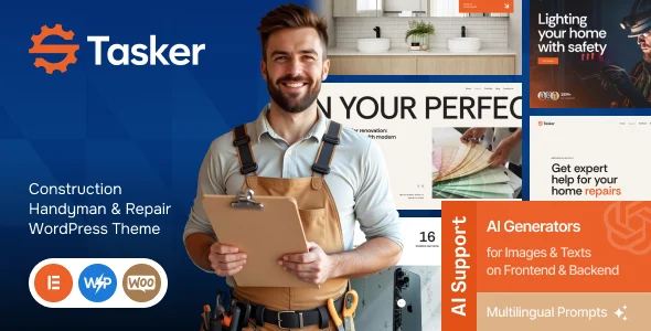 Tasker - Construction Handyman & Repair WordPress Theme WordPress theme homepage layout for a building business corporate website
