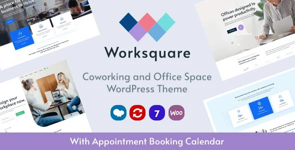 Worksquare - Coworking and Office Space WordPress Theme WordPress theme homepage layout for a app corporate website