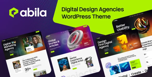 Abila – Digital Design Agencies WordPress Theme WordPress theme homepage layout for a branding creative website