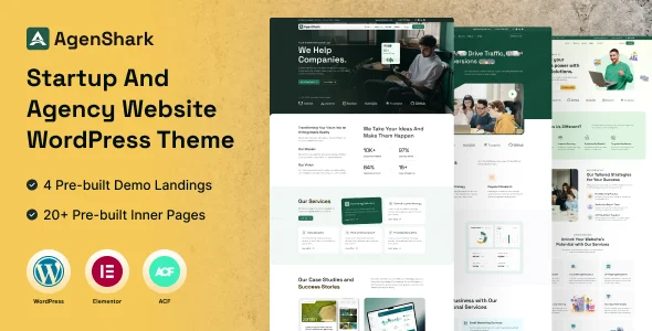 Agenshark - Startup Agency Elementor WordPress Theme WordPress theme homepage layout for a business creative website