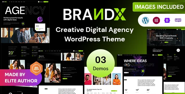 Brandx – Creative Digital Agency & Portfolio WordPress Theme for Elementor WordPress theme homepage layout for a agency website creative website