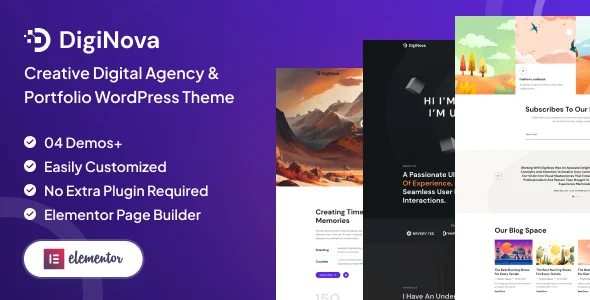 Diginova - Creative Digital Agency & Portfolio WordPress Theme WordPress theme homepage layout for a agency creative website