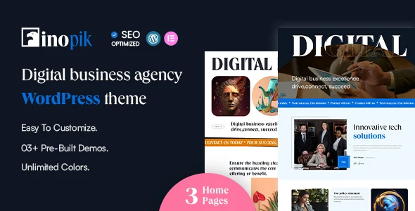Finopik - Creative Digital Agency & Portfolio WordPress Theme WordPress theme homepage layout for a business evolution creative website