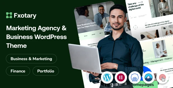 Fxotary – Modern Digital Agency WordPress Theme with Elementor Support WordPress theme homepage layout for a agency wordpress theme creative website