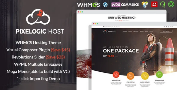 Pixelogic - WHMCS Hosting, Shop & Corporate Theme WordPress theme homepage layout for a business creative website