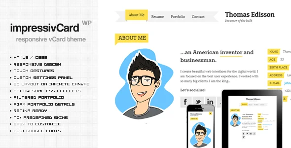 impressivCard WP - Responsive vCard WordPress Theme — homepage layout