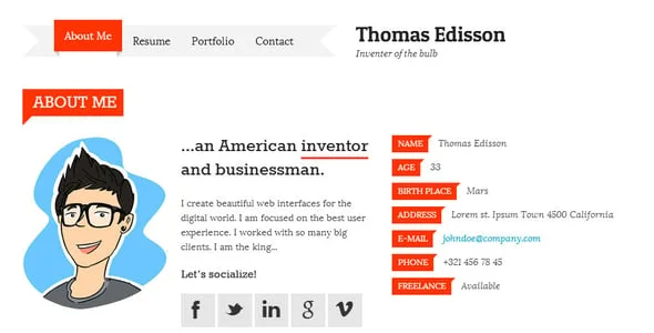 impressivCard WP - Responsive vCard WordPress Theme — interior page design