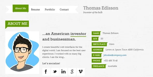 impressivCard WP - Responsive vCard WordPress Theme — content section layout